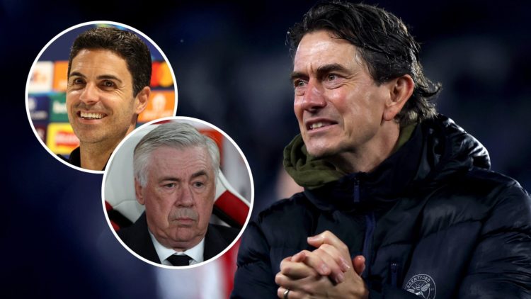 Thomas Frank shows appreciation to the fans at full-time with insets of Mikel Arteta in a post match press conference and Carlo Ancelotti before th...