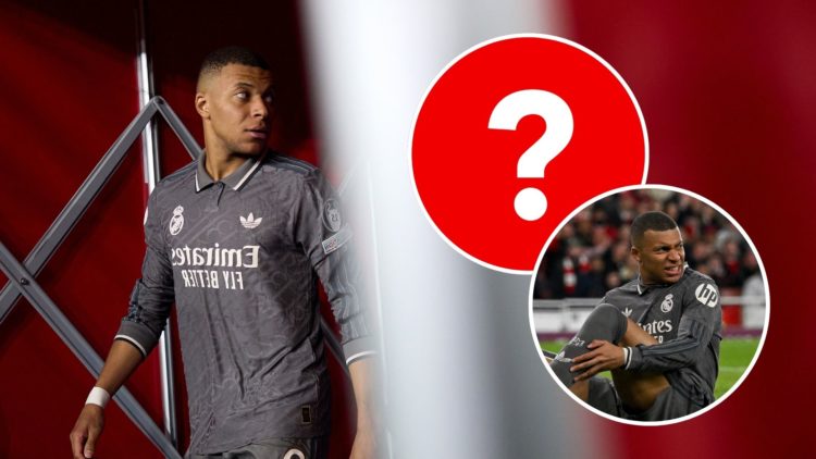 Kylian Mbappe of Real Madrid arrives down the tunnel during the UEFA Champions League 2024/25 Quarter Final with insets of a question mark and Kyli...