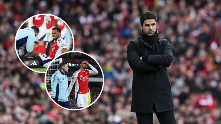 Arsenal manager Mikel Arteta during the Premier League match between Arsenal FC and Chelsea FC with insets of Jurrien Timber of Arsenal is treated ...