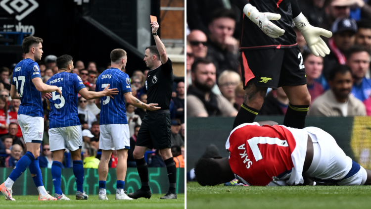 Referee Chris Kavanagh shows a red card to Leif Davis of Ipswich Town, Arsenal's English midfielder #07 Bukayo Saka lies injured after a challenge ...