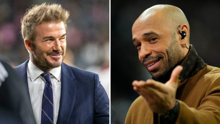 Split image of David Beckham owner of Inter Miami prior to the 2025 Concacaf Champions Cup match against Los Angeles FC and Thierry Henry during th...
