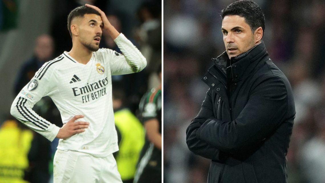 Split image of Dani Ceballos of Real Madrid is dejected when Arsenal scores their second goal and Mikel Arteta during the UEFA Champions League 202...