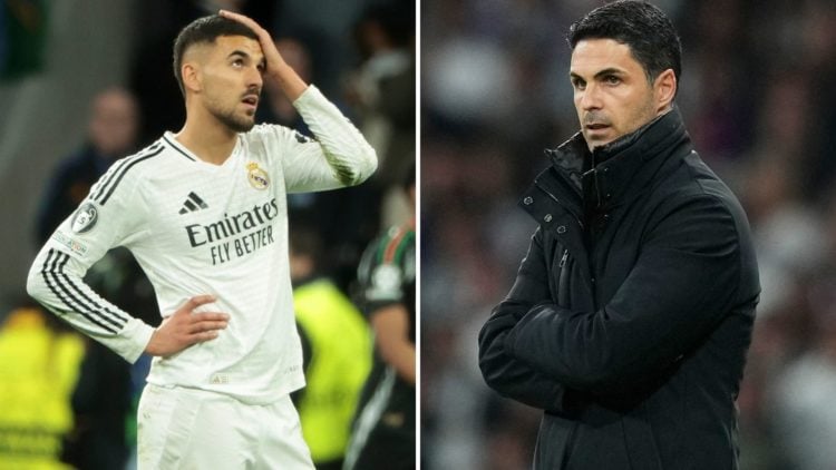 Split image of Dani Ceballos of Real Madrid is dejected when Arsenal scores their second goal and Mikel Arteta during the UEFA Champions League 202...