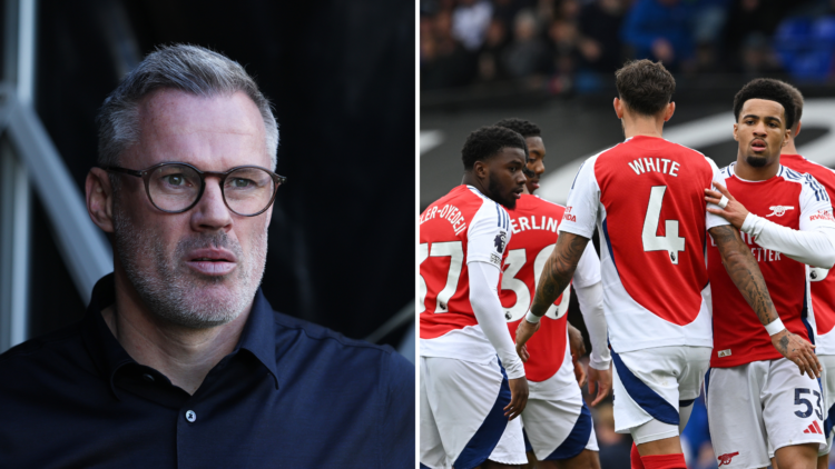 Jamie Carragher, Former Liverpool player and Sky Sports pundit looks on, Ethan Nwaneri of Arsenal celebrates scoring his team's fourth goal with te...