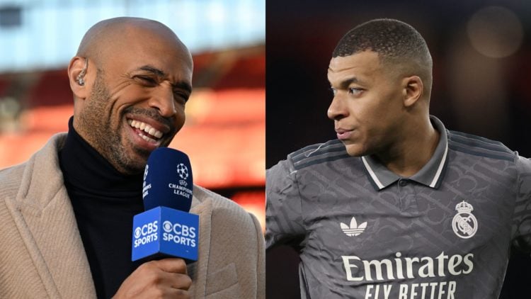 Split image of Thierry Henry reacts whilst speaking for CBS Sports and Kylian Mbappe during the match between Arsenal FC and Real Madrid C.F.