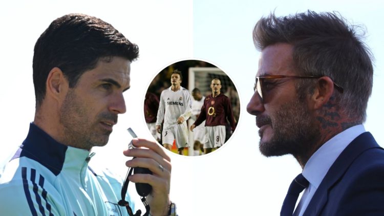 Split image of Mikel Arteta during an Arsenal training session and David Beckham prior to the MLS match between Inter Miami CF and Toronto FC with ...