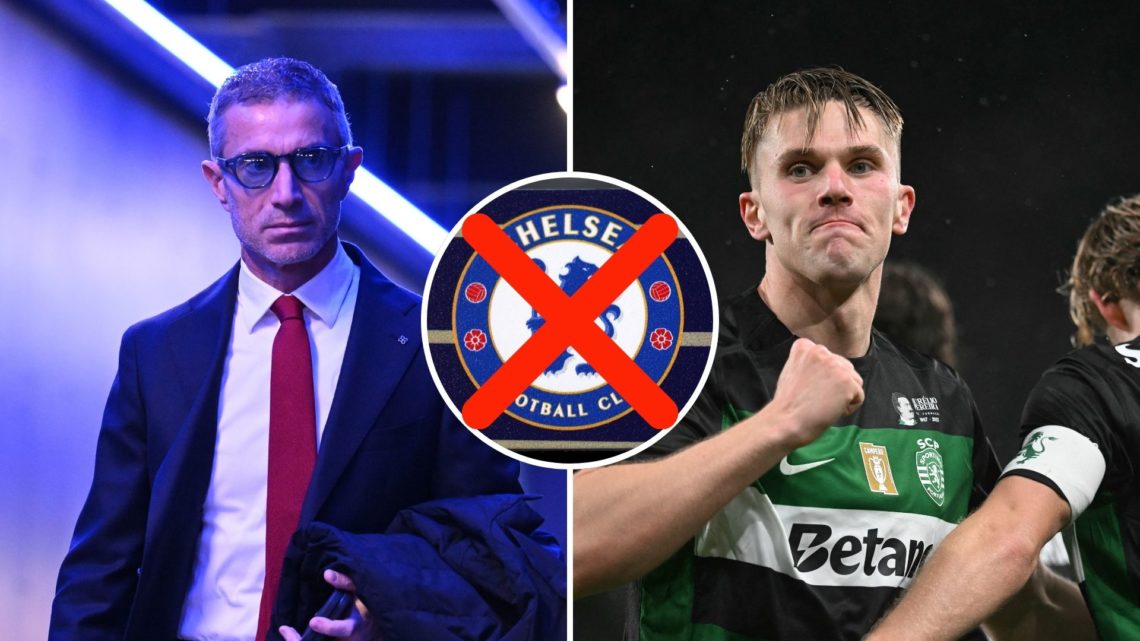 Split image of Arsenal sporting director Andrea Berta (L) and Viktor Gyokeres of Sporting CP (R) with central inset of the Chelsea badge on the dug...