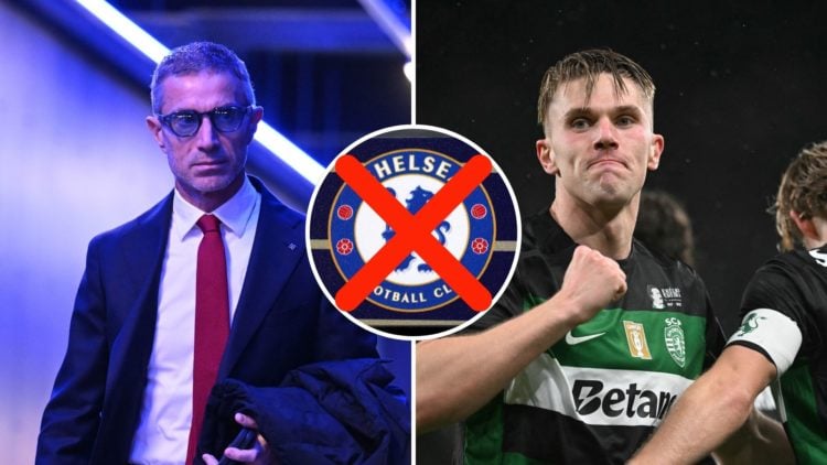 Split image of Arsenal sporting director Andrea Berta (L) and Viktor Gyokeres of Sporting CP (R) with central inset of the Chelsea badge on the dug...