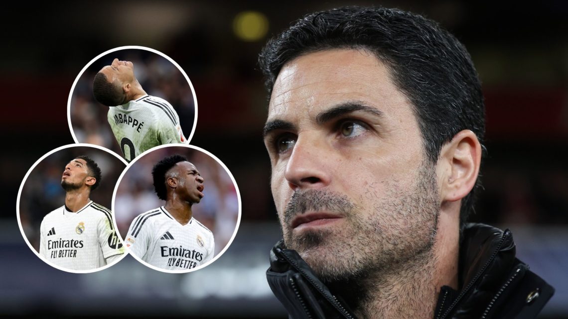 Mikel Arteta during the UEFA Champions League 2024/25 UEFA Round of 16 Second Leg match between Arsenal FC and PSV with insets of Kylian Mbappe rea...