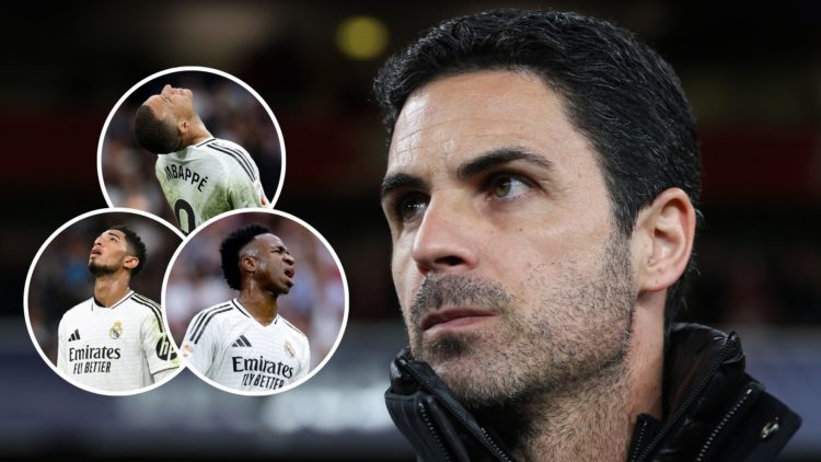 Mikel Arteta during the UEFA Champions League 2024/25 UEFA Round of 16 Second Leg match between Arsenal FC and PSV with insets of Kylian Mbappe rea...