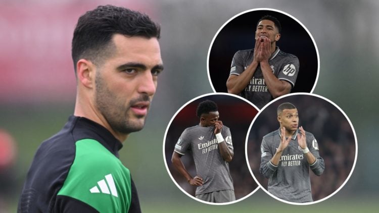 Mikel Merino during a training session with insets of Jude Bellingham reacts during the match against Arsenal, a dejected Vinicius Junior of Real M...