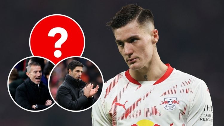 Benjamin Sesko during the DFB Cup quarterfinal match between RB Leipzig and VfL Wolfsburg with insets of Mikel Arteta after the Premier League matc...