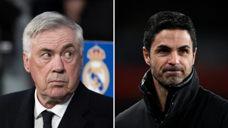 Split image of (L) Real Madrid manager Carlo Ancelotti and (R) Arsenal manager Mikel Arteta both looking on during a game