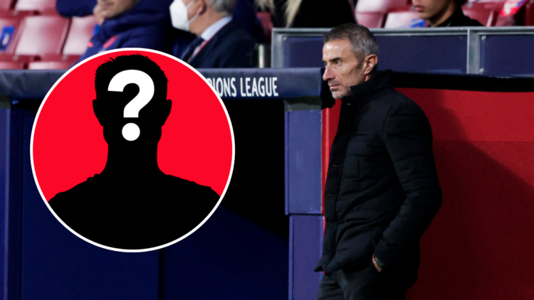 Image of Andrea Berta looking on during an Atletico Madrid game with an inset of a mystery figure