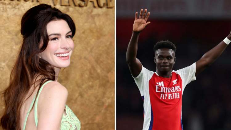 Split image of (L) Anne Hathaway at Clooney Foundation For Justice's "The Albies" and (R) Bukayo Saka celebrating a goal for Arsenal