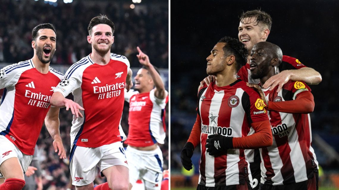 A split image featuring Arsenal players celebrating and Brentford players celebrating