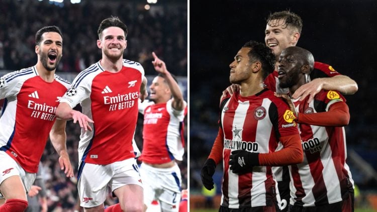 A split image featuring Arsenal players celebrating and Brentford players celebrating
