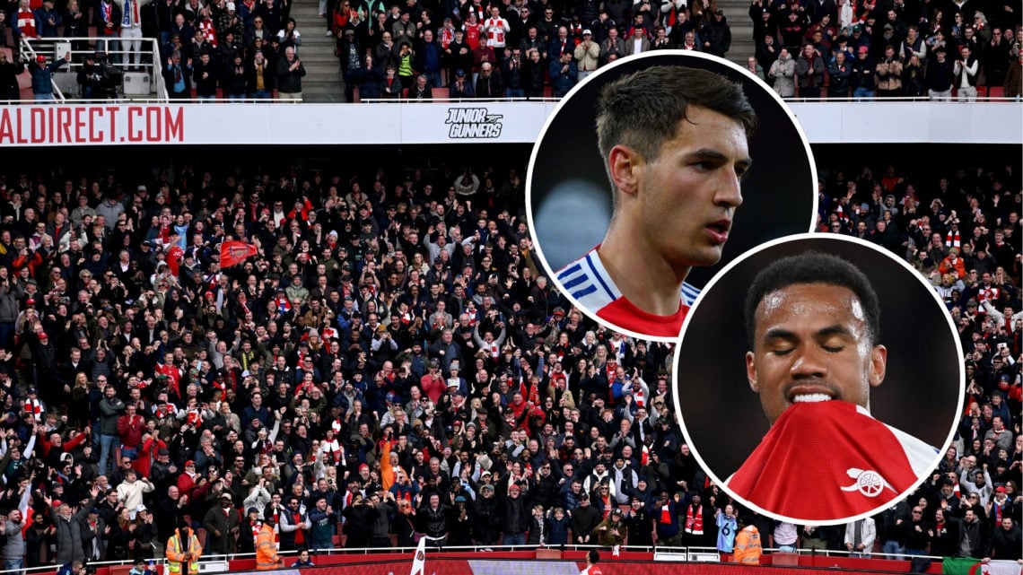 A general view as Mikel Merino of Arsenal celebrates scoring his team's first goal in front of the Arsenal fans during the Premier League match bet...