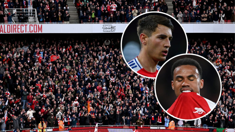A general view as Mikel Merino of Arsenal celebrates scoring his team's first goal in front of the Arsenal fans during the Premier League match bet...