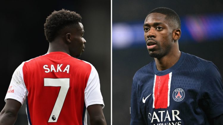 A split image featuring Bukayo Saka of Arsenal and PSG star Ousmane Dembele.