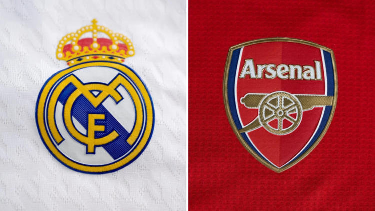 Split image of (L) Real Madrid badge and (R) Arsenal badge
