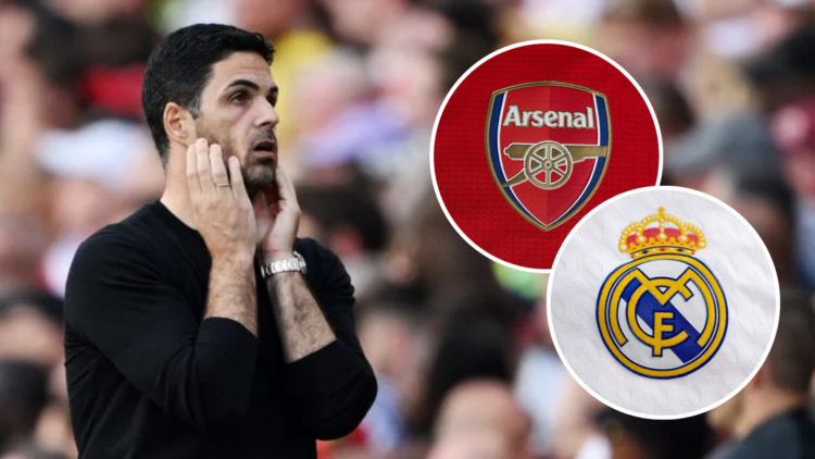 Image of Arsenal manager Mikel Arteta looking dejected with insets of the Arsenal and Real Madrid badges