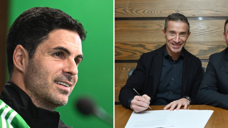Split Image of Arsenal manager Mikel Arteta in a press conference next to Andrea Berta signing his Arsenal contract