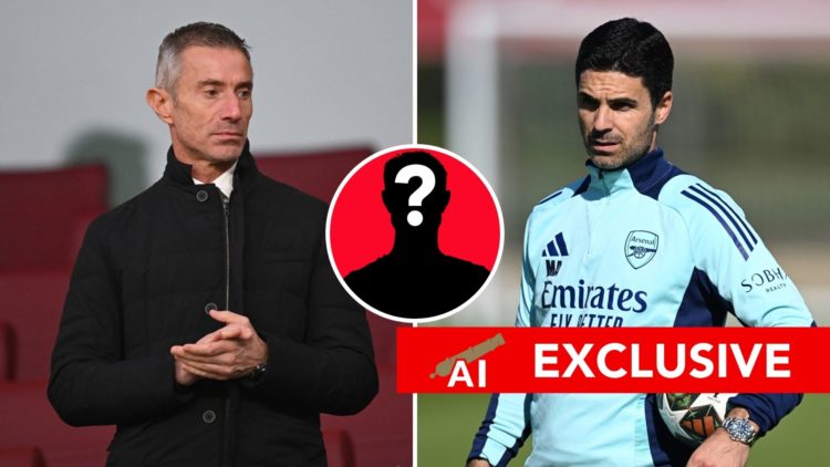 Split image of Mikel Arteta at training, and Andrea Berta. Inset, a mystery player.