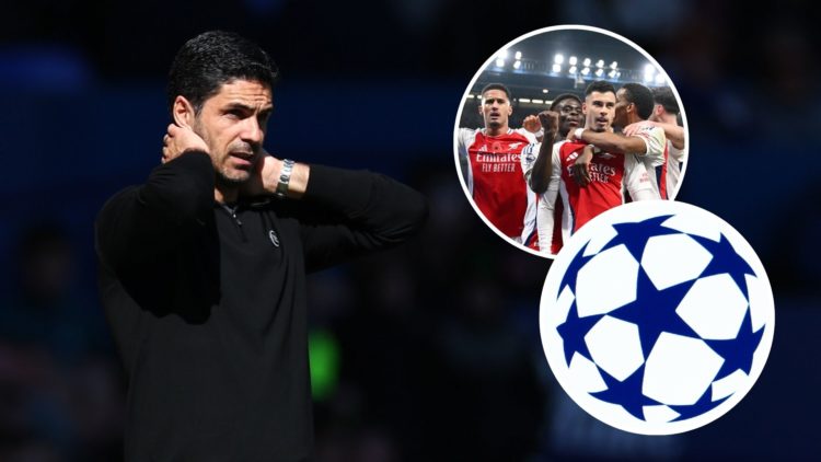 An image featuring Mikel Arteta, Arsenal players celebrating and the Champions League logo.