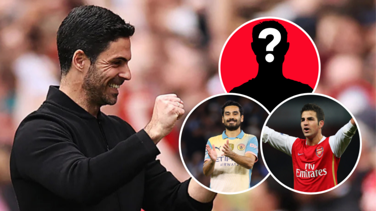 An image of Arsenal manager Mikel Arteta celebrating with insets of Cesc Fabregas, Ilkay Gundogan and a mystery player