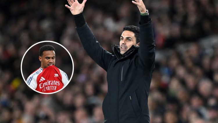 Image of: Mikel Arteta, Manager of Arsenal, gestures during the Premier League match between Arsenal FC and Fulham FC Inset of: Gabriel of Arsenal ...