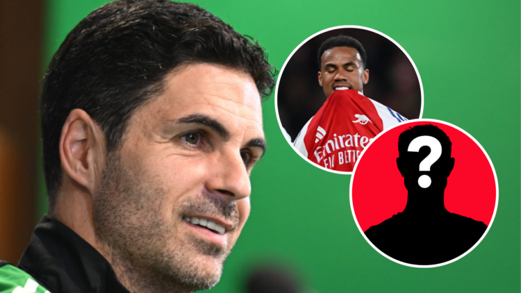 Image of Arsenal manager Mikel Arteta in a press conference with insets of Gabriel Magalhaes looking dejected and a mystery player