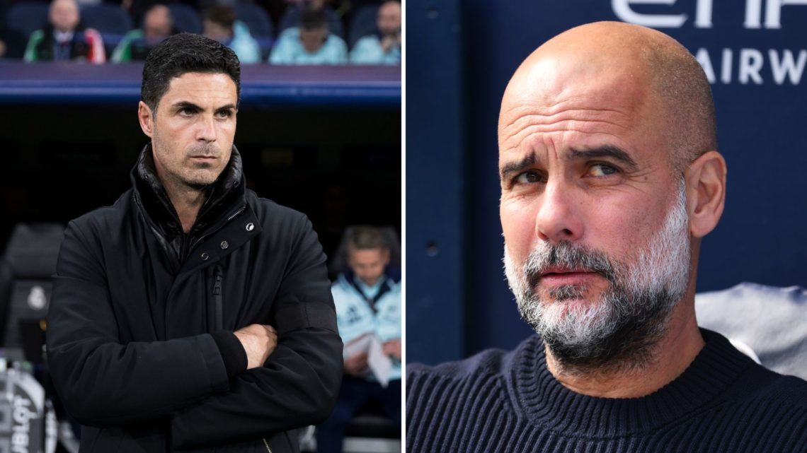 Split Image of: Mikel Arteta, head coach of Arsenal, is present during the UEFA Champions League 2024/25 Quarter Final second leg match between Rea...