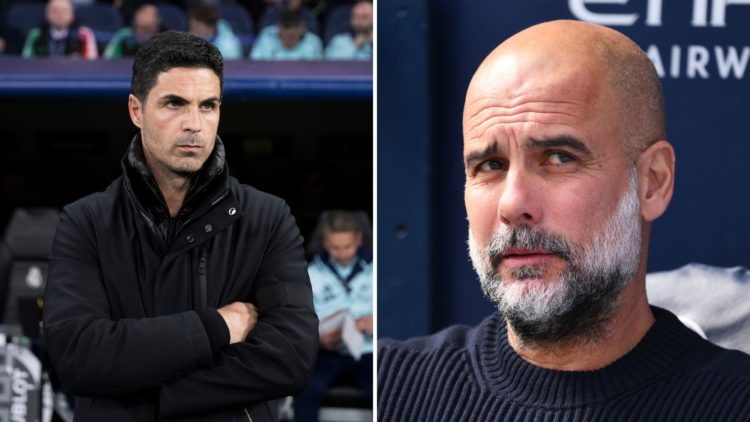 Split Image of: Mikel Arteta, head coach of Arsenal, is present during the UEFA Champions League 2024/25 Quarter Final second leg match between Rea...