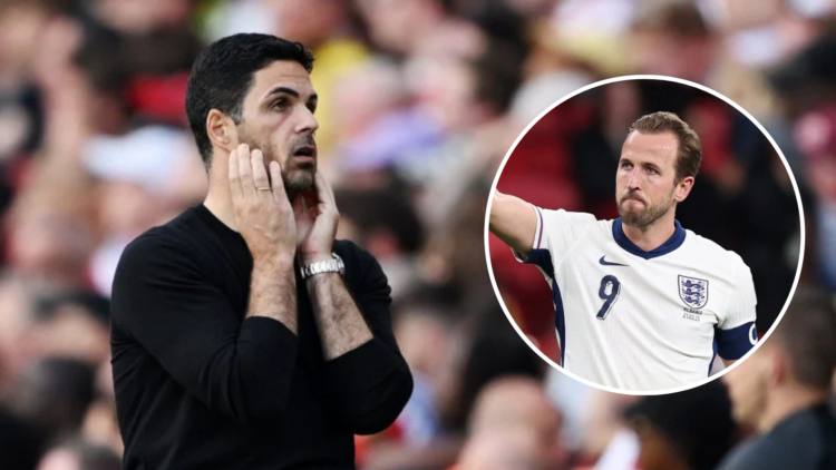 Image of Arsenal manager Mikel Arteta looking dejected with an inset of Harry Kane celebrating in an England game