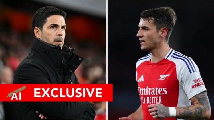 Split image as Mikel Arteta, Manager of Arsenal, looks on prior to the Premier League match between Arsenal FC and Fulham FC, and Jakub Kiwior of A...