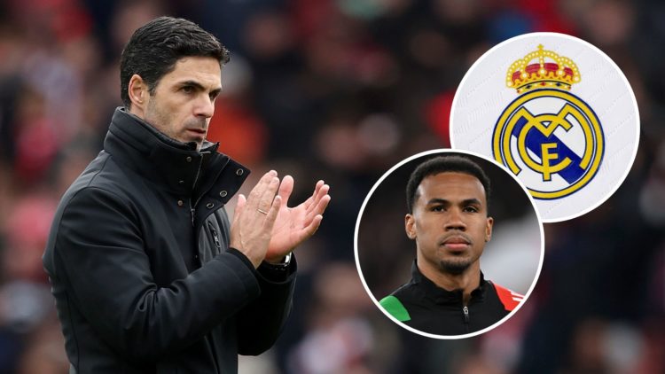 Mikel Arteta, Manager of Arsenal applauds the fans after the Premier League match. Inset, Gabriel Magalhaes and the Real Madrid badge.