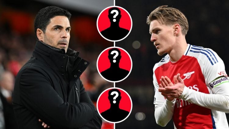 Split image of Mikel Arteta and Martin Odegaard. Inset, three mystery players.