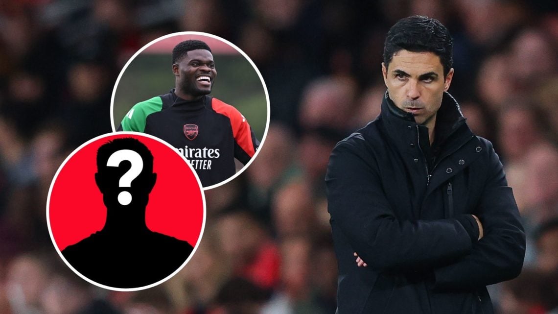 An image featuring Arsenal midfielder Thomas Partey and manager Mikel Arteta looking on.