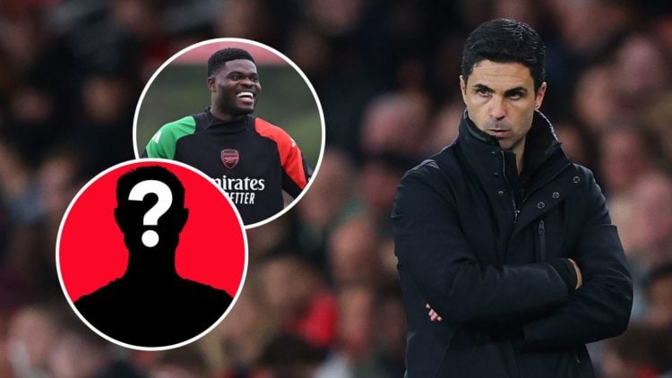 An image featuring Arsenal midfielder Thomas Partey and manager Mikel Arteta looking on.