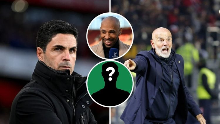 Split Image of: Mikel Arteta, Manager of Arsenal, looks on prior to the Premier League match between Arsenal FC and Crystal Palace, Stefano Pioli o...