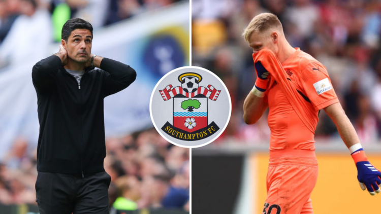 Split image of (L) Arsenal manager Mikel Arteta and (R) Southampton goalkeeper Aaron Ramsdale both looking dejected with a central inset of the Sou...
