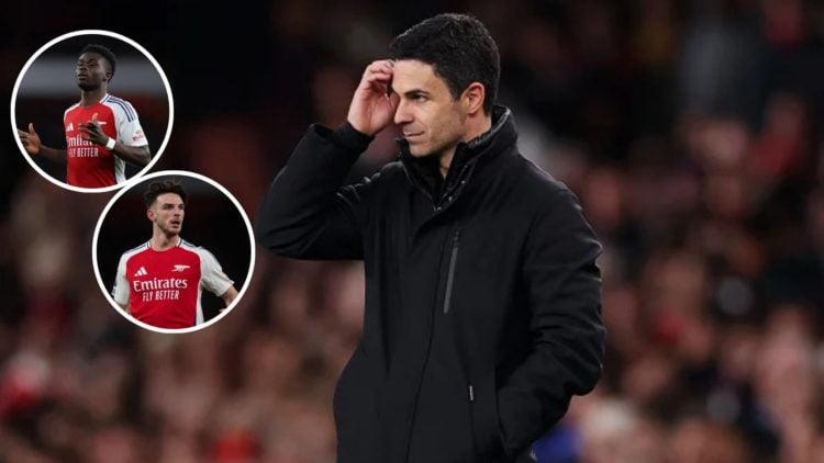 Image of: Mikel Arteta, Manager of Arsenal, reacts during the Premier League match between Arsenal FC and Crystal Palace, Insets of: Declan Rice of...