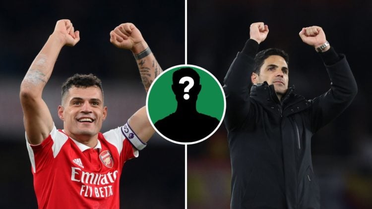 Split Image of: Granit Xhaka of Arsenal celebrates after the team's victory during the Premier League match between Arsenal FC and Manchester Unite...