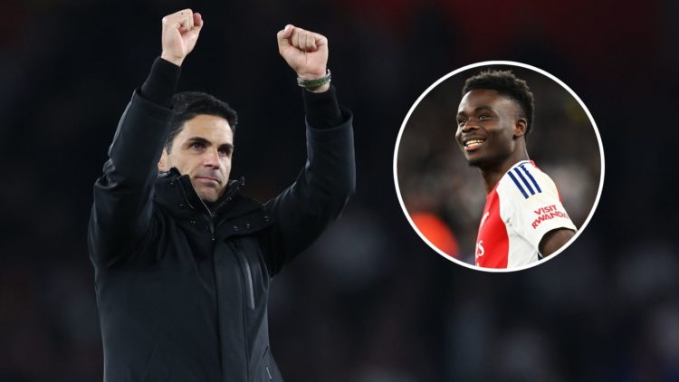 Image of: Mikel Arteta manager / head coach of Arsenal celebrates at full time during the UEFA Champions League 2024/25 Quarter Final First Leg mat...