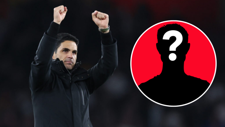 Image of Arsenal manager Mikel Arteta celebrating against Real Madrid with an inset of a mystery figure