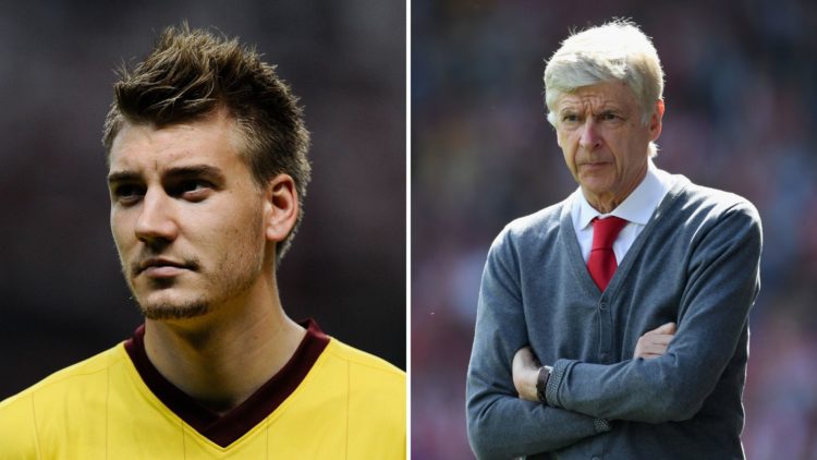 Split Image of: Nicklas Bendtner of Arsenal looks on during the UEFA Champions League Group H match between SC Braga and Arsenal, Arsenal manager A...