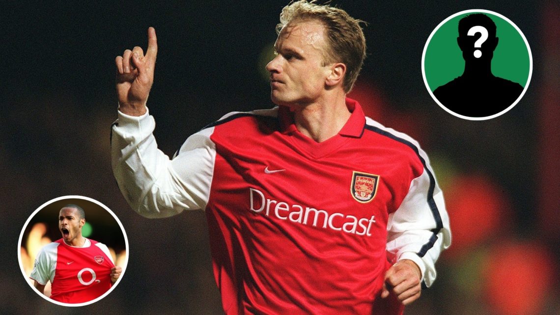 Image of: Dennis Bergkamp celebrates scoring a goal for Arsenal during the UEFA Champions League Group C match between Arsenal and Olympic Lyonnais...