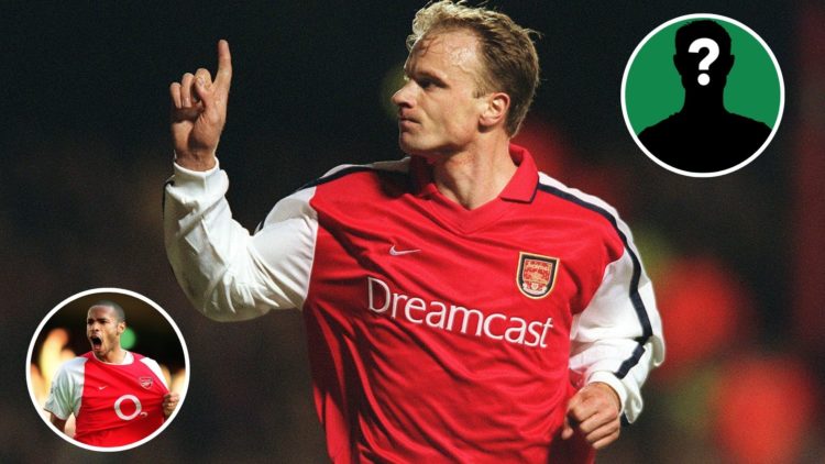 Image of: Dennis Bergkamp celebrates scoring a goal for Arsenal during the UEFA Champions League Group C match between Arsenal and Olympic Lyonnais...