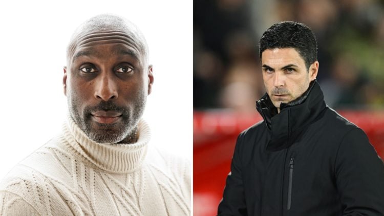 Split Image of: Sol Campbell, the ex-footballer, poses for a portrait at his home on January 23rd 2023, Mikel Arteta, manager of Arsenal looks duri...